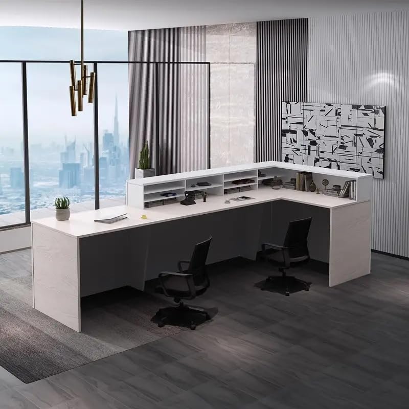 Image of Modern Reception Desk for Office, School, Shop, Mall, Salon & Hotel, Contemporary Wooden Front Desk Counter with White Finish for Commercial Reception Areas - (RCT-83 LPB L8W2)