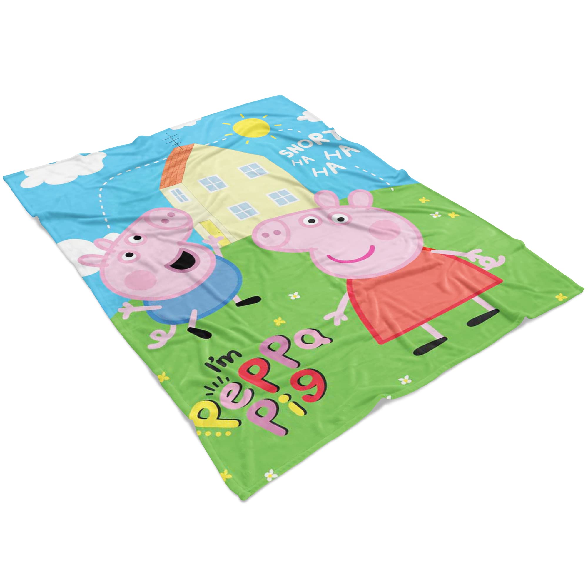 BERONAGE Große Peppa Wutz Pig Wohndecke I'm Peppa 150 x 200 cm super weiche Fleecedecke Kuscheldecke Sofadecke George Grampy Rabbit Mama Papa Mümmel Sunny Cartoon Piggie Emergency Pass zur Bettwäsche