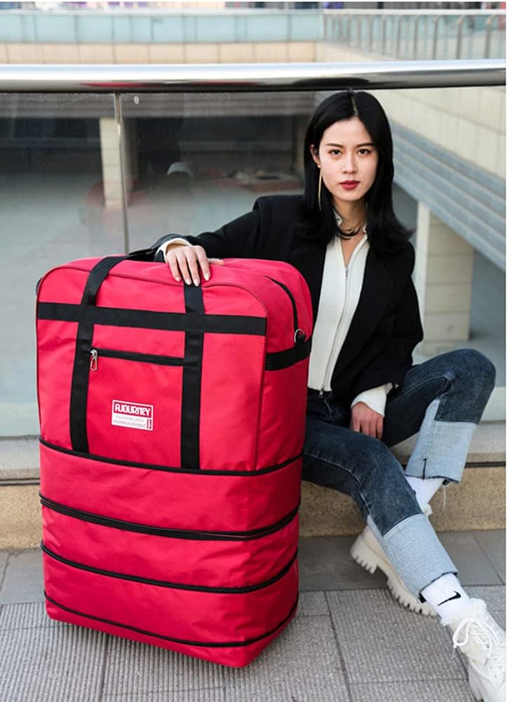 Expandable Extra Large Travel Oxford Duffel Bag with Wheels Waterproof Lightweight Traveling Foldable Suitcase (Red)