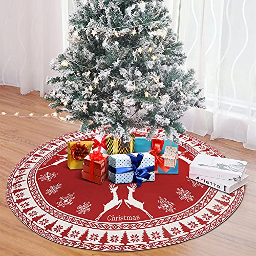 Ourwarm Christmas Tree Skirt 48 Inches, Knit Tree Skirt With Snowflake & Reindeer, Red And White Double-Sided Rustic Xmas Tree Skirt Christmas Decorations For Party Indoor Christmas Tree Decoration #TOP4