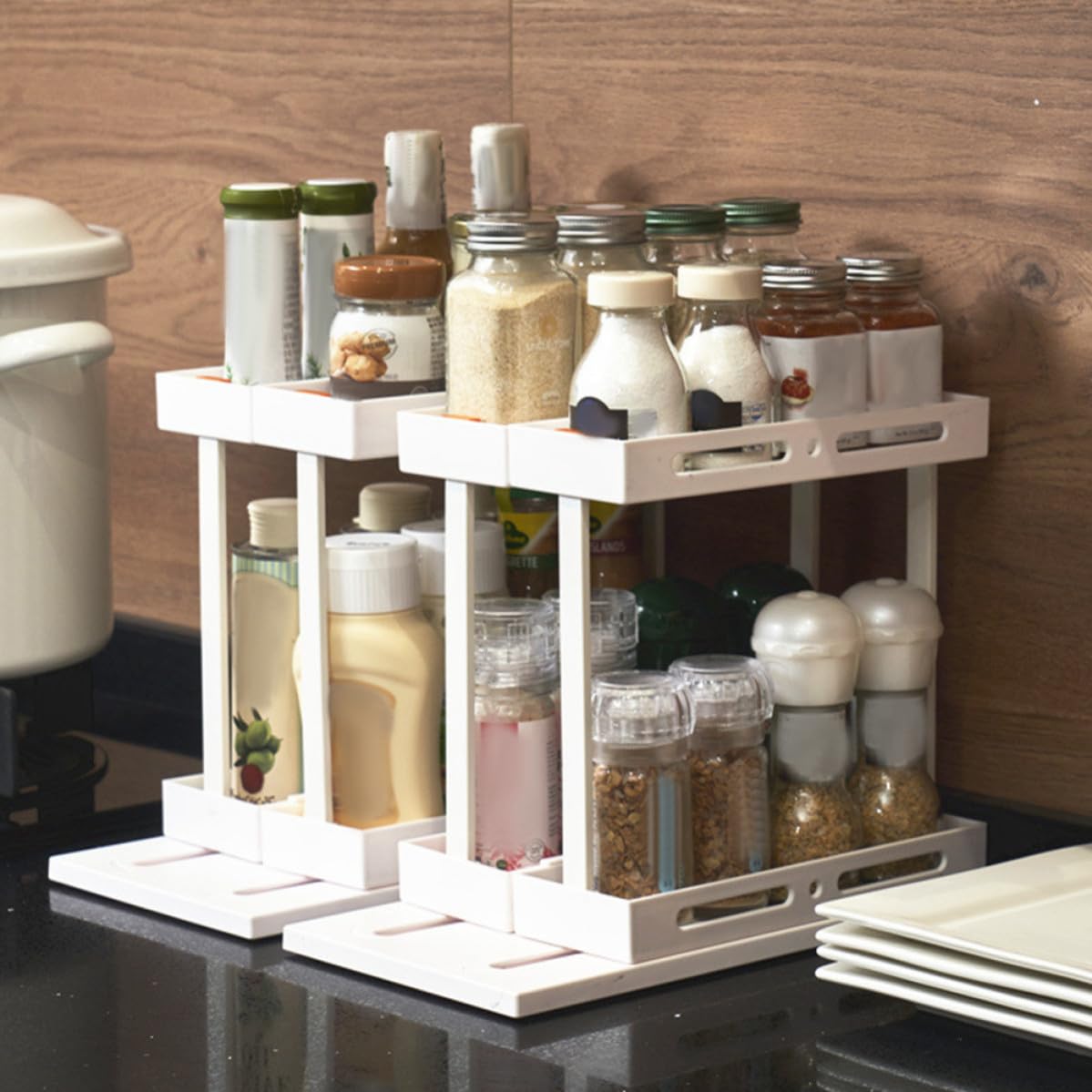 Happyyami Organizador de Cocina Diseño Extraíble y Organización Ordenada Extraíble Blanco de Abs y Acero al Carbono, Estante de Almacenamiento para Encimera