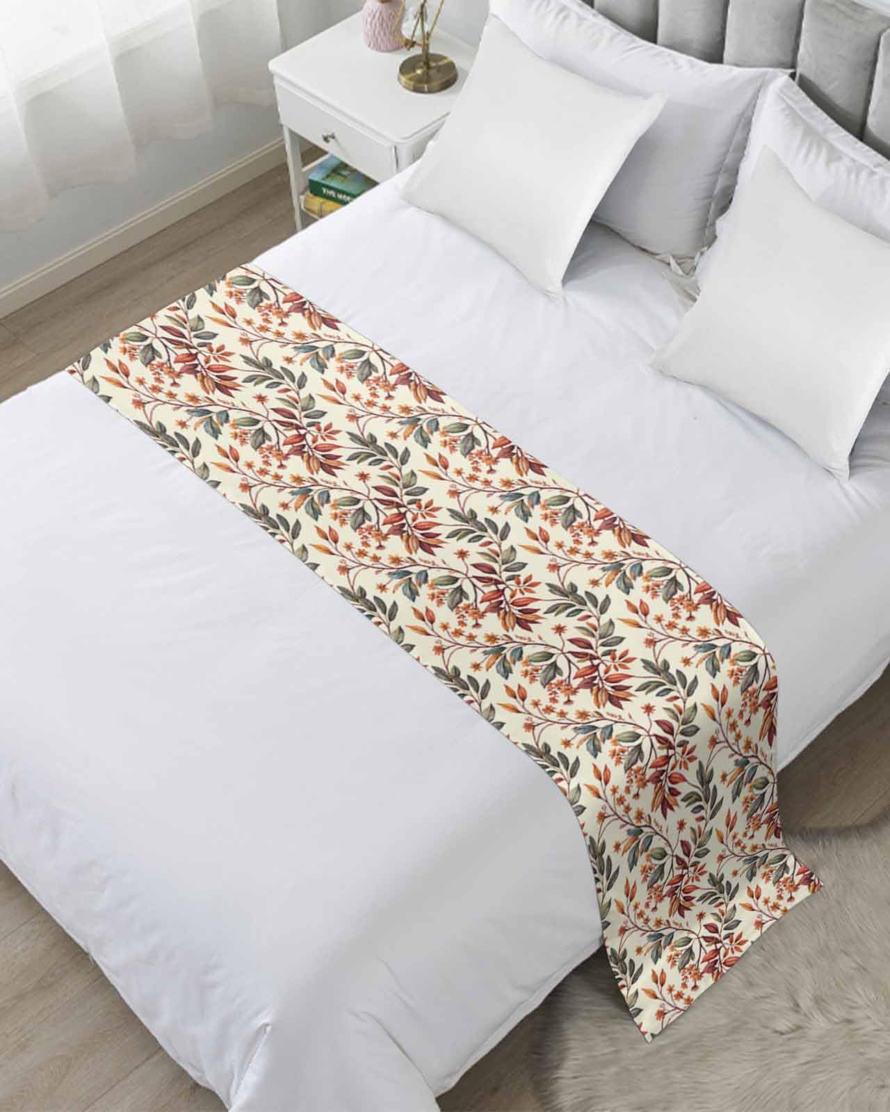 Twin Bed Runner Farm Ombre Green Brown Leaves Bedding Runner Scarves Decorative Bed Scarf, Watercolor Wild Flower Soft Bedding Scarf for Bedroom Hotel Wedding 83x20in