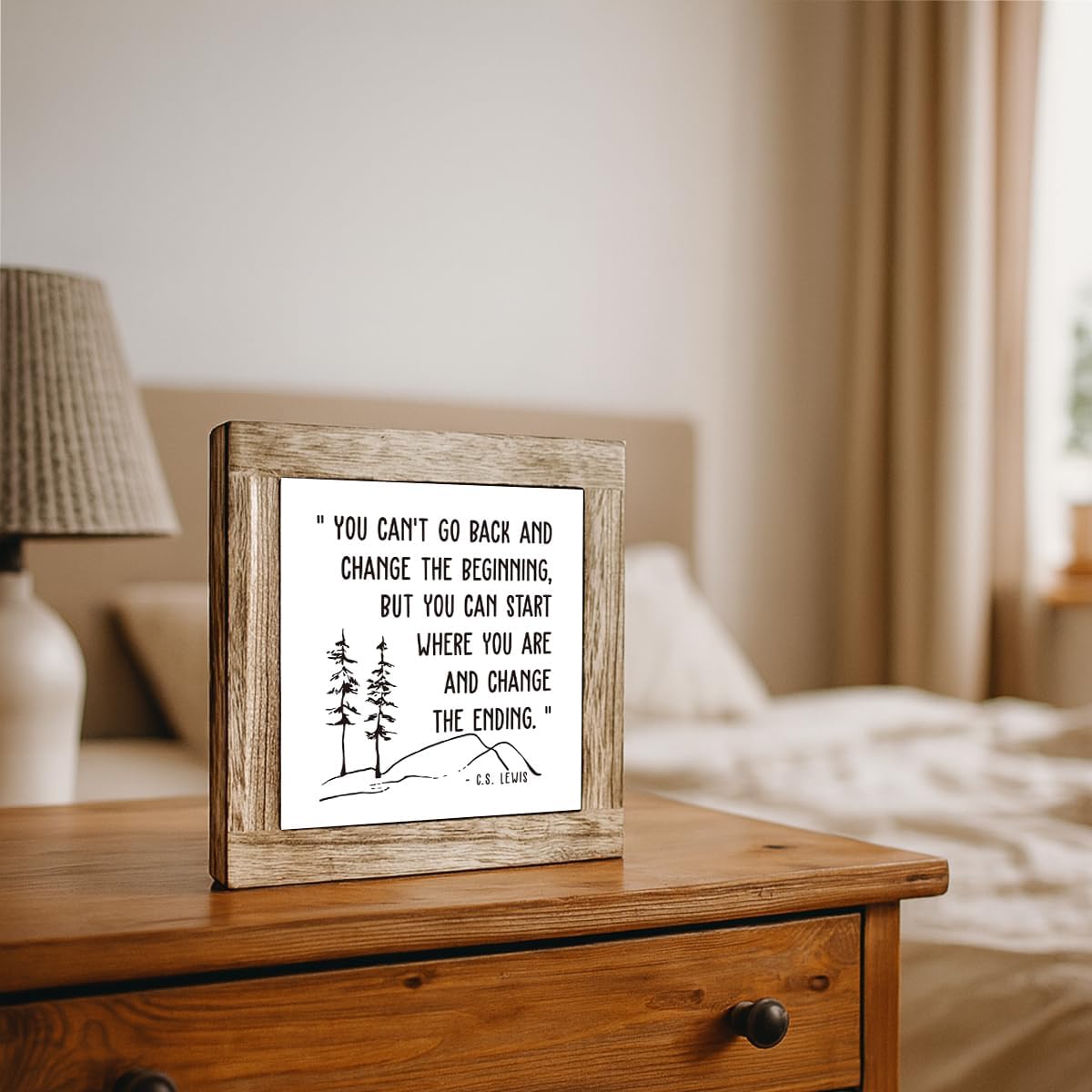 Inspirational Wooden Desk Decor Sign, You Can’t Go Back and Change the Beginning But You Can Start Where You Are and Change the Ending Quote, Motivational Farmhouse Tabletop Gift image 5