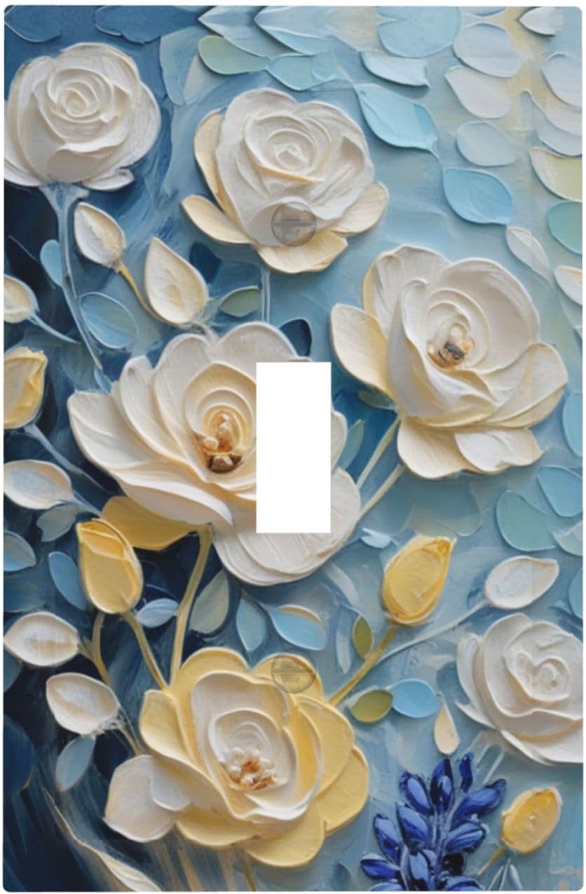 Decorative Art Style Light Switch Cover,Blue White Flower Pattern, Single Toggle Wall Plate, Decorative Electrical Switchplate for Home Decoration