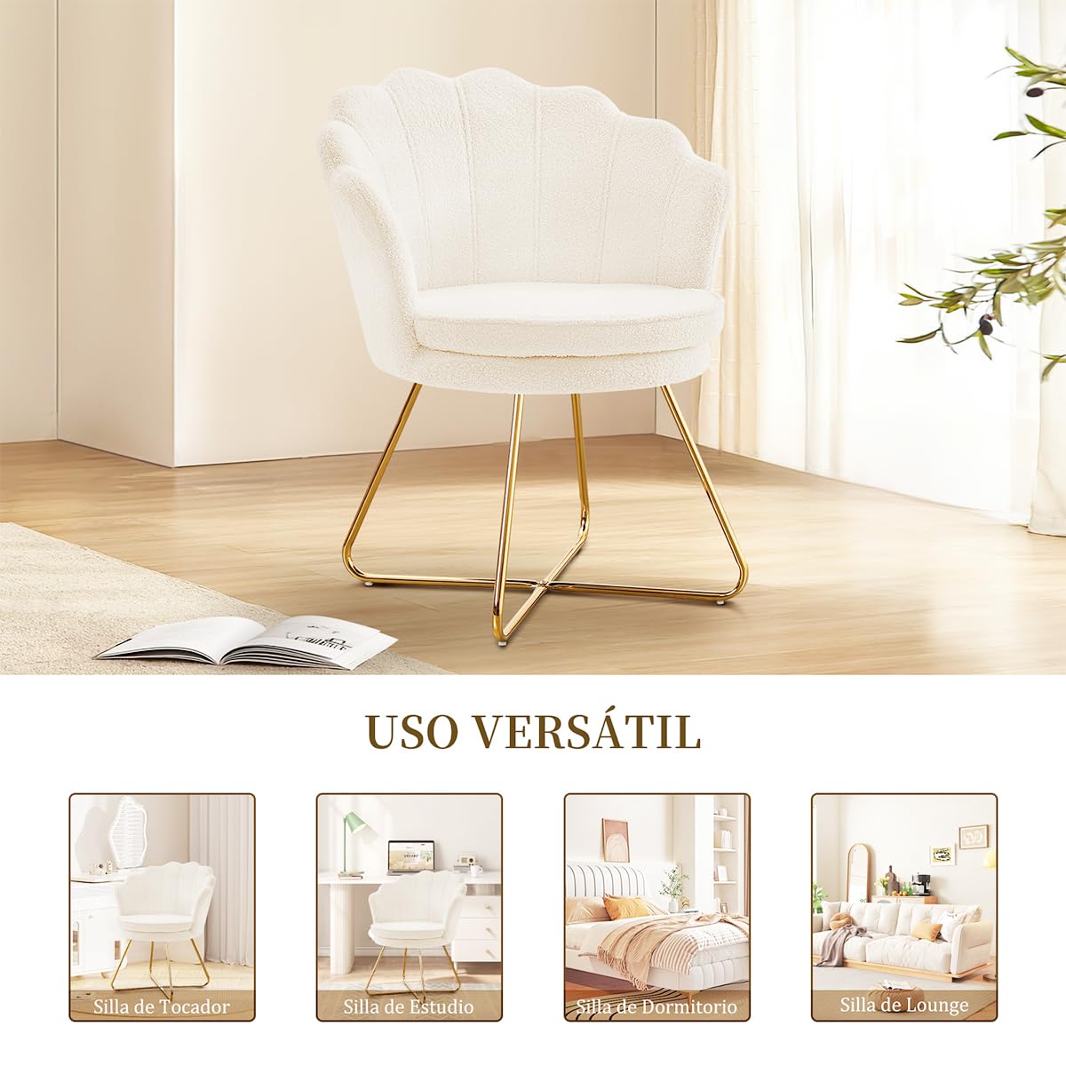 Hellove Silla Sherpa para Tocador y Dormitorio, Sillón Relax de Tela Suave con Piernas Metálicas Doradas, Diseño en Forma de Concha/Floreta, Silla de Maquillaje para Dormitorio/Salón, Blanco