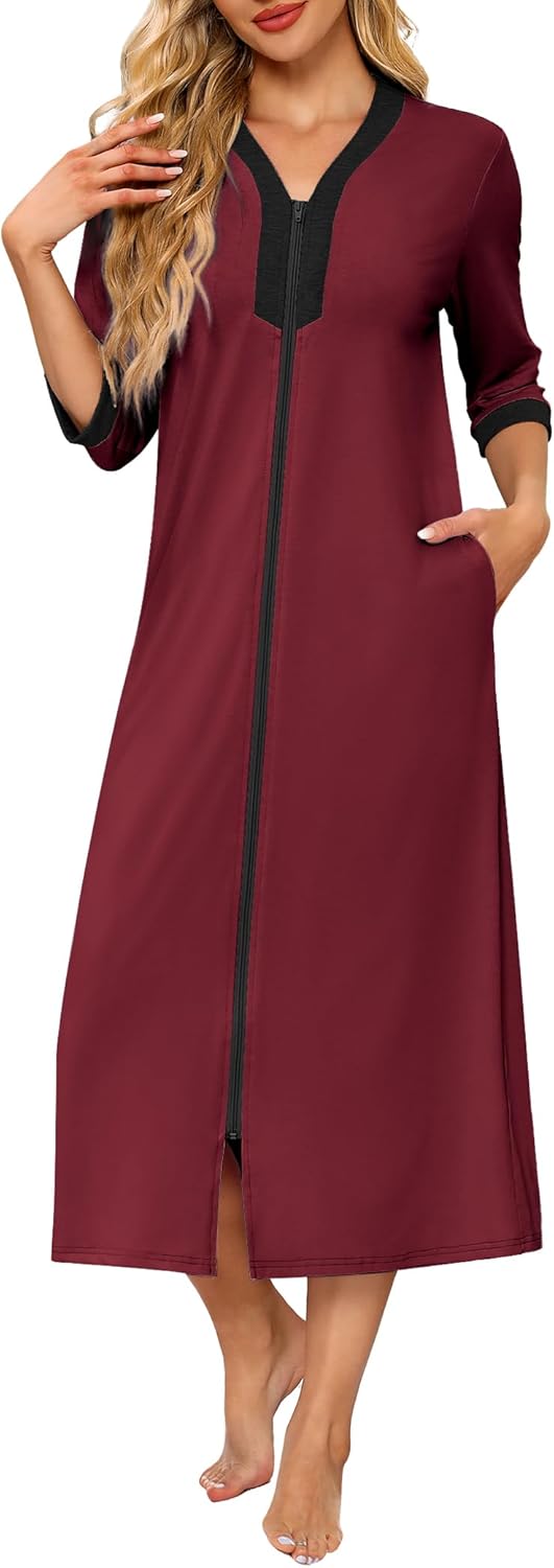 Ekouaer Women's Zipper Robe 3/4 Sleeves Housecoat Full Length Nightgown Soft Loungewear Robe with Pockets S-3XL