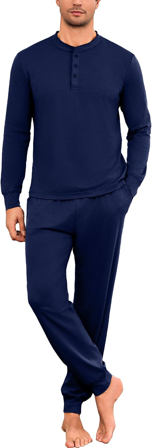 Litherday Pyjama voor heren, katoenen pyjamaset met lange mouwen, 2-delige loungewear, nachtkleding, tops en broekjes met zakken, Grijs, M Litherday Pyjama voor heren, katoenen pyjamaset met lange mouwen, 2-delige loungewear, nachtkleding, tops en broekjes met zakken, Grijs, M