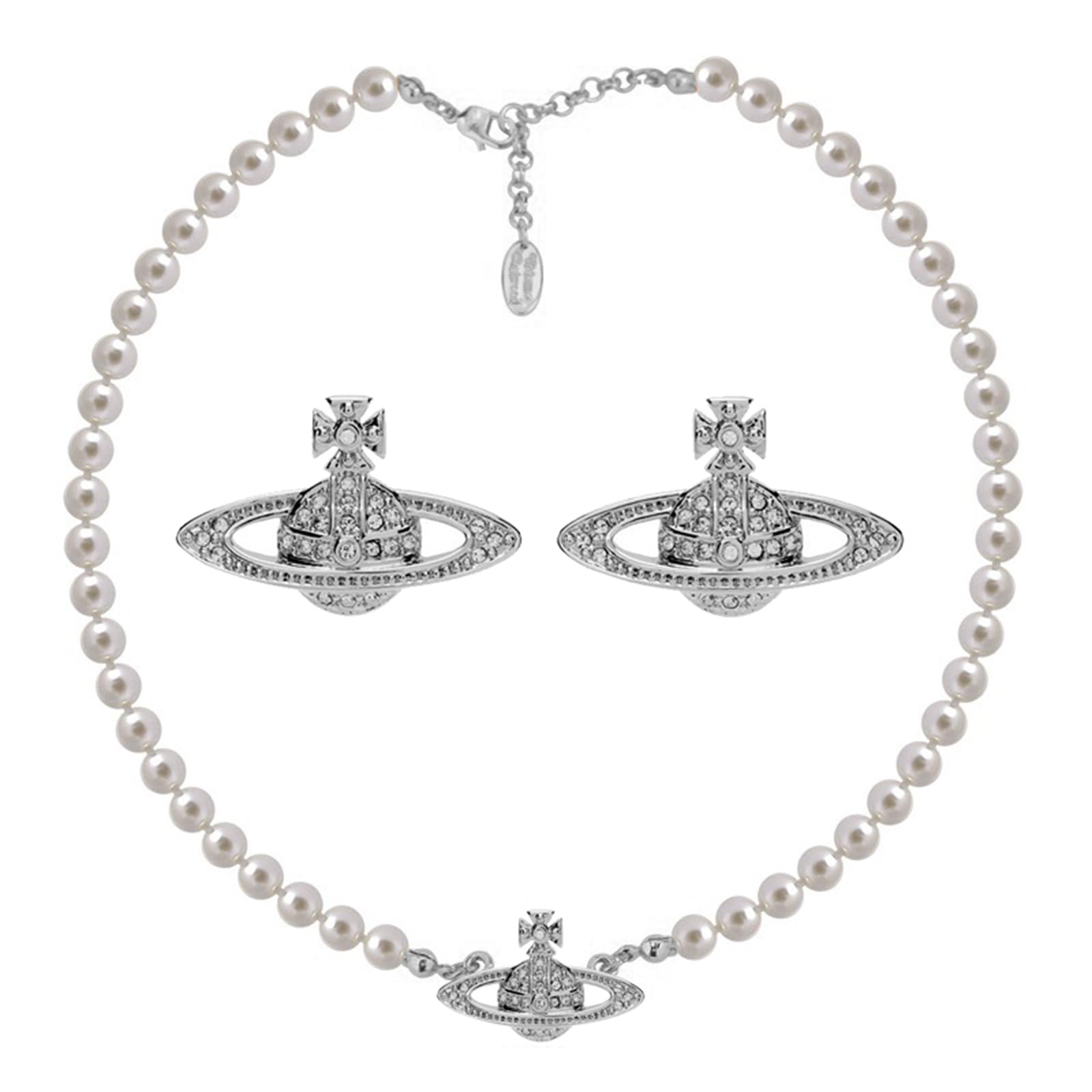 DreuyetSaturn Pearl Necklace and Earrings Set Crystal Planet Earrings Dainty Artificial Pearl Choker Necklace Charm Gifts for Mum Wife Wedding Birthday Anniversary