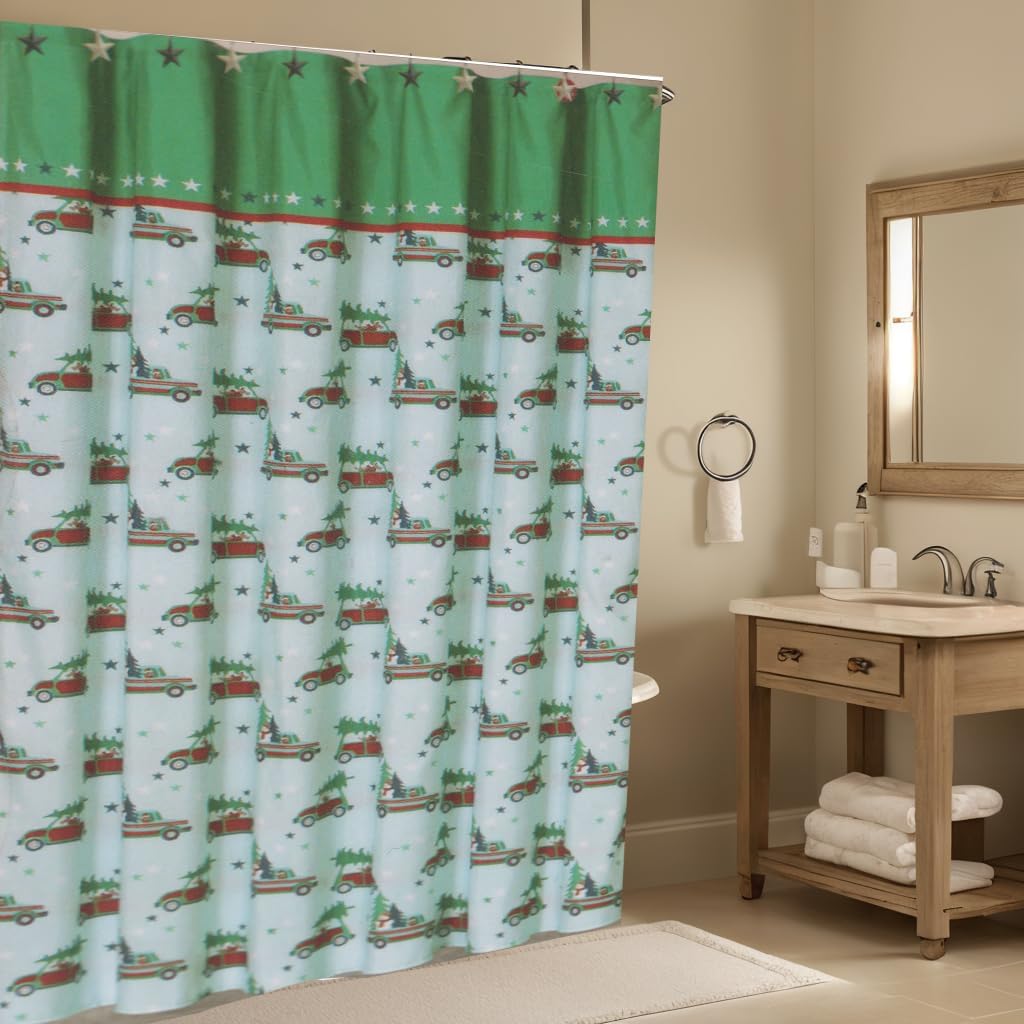 Christmas Bathroom Shower Curtain, Tree Shopping Red Truck Design with Matching Star Hooks Set
