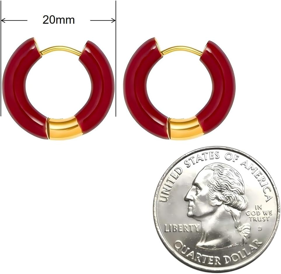Color Round Hoop Earrings, 18K Gold Plated Silver Posts Hypoallergenic Enamel Snapback Hoops for Women