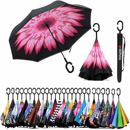 SIEPASA 49/56 Inch Inverted Reverse Upside Down Umbrella, Extra Large Double Canopy Vented Windproof Waterproof Stick Golf Umbrellas with C-shape Handle.