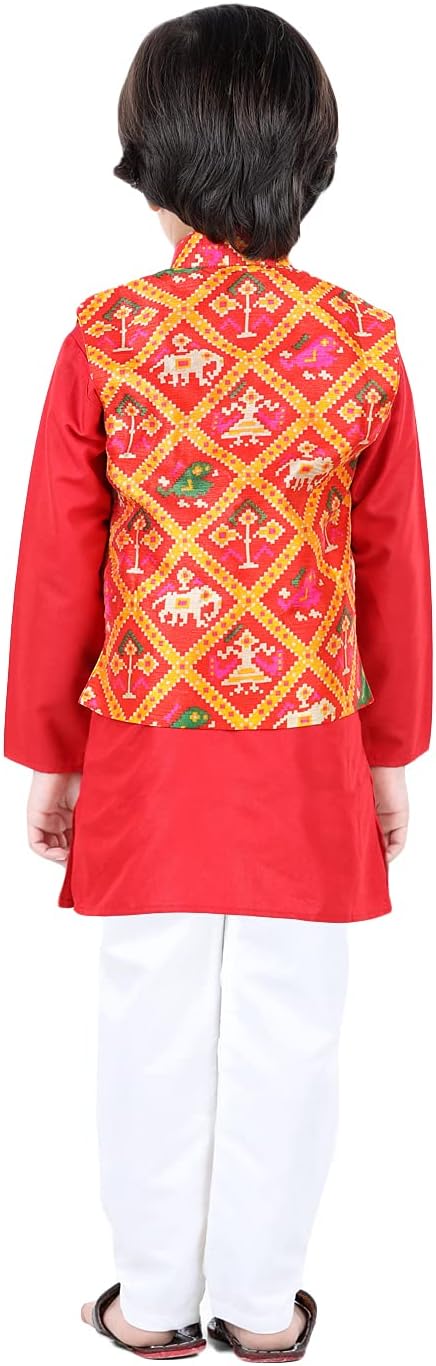 BownBee Kids Cotton Blend Kurta Pyjama set with Patan Patola Jacket for Boys -Ethnic 3 Piece Traditional Indian Wedding Dress
