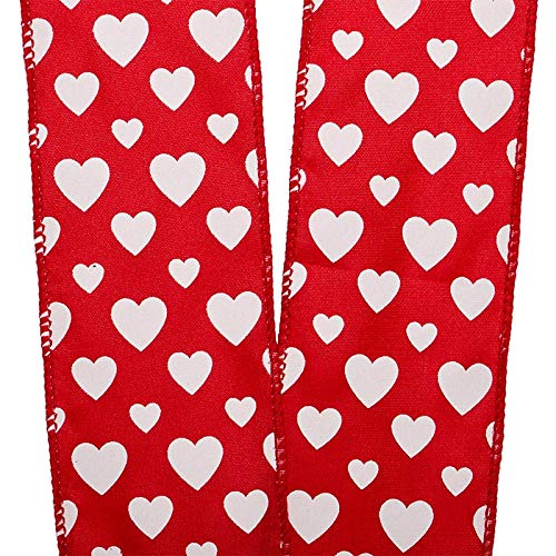 Image of Satin Valentine Hearts Wired Ribbon - 2 1 /2 inch x 10 Yards, White Hearts, Red Wired Edges, Valentine's Day Decor, I Love You, Gift Bow, Bouquet, Christmas