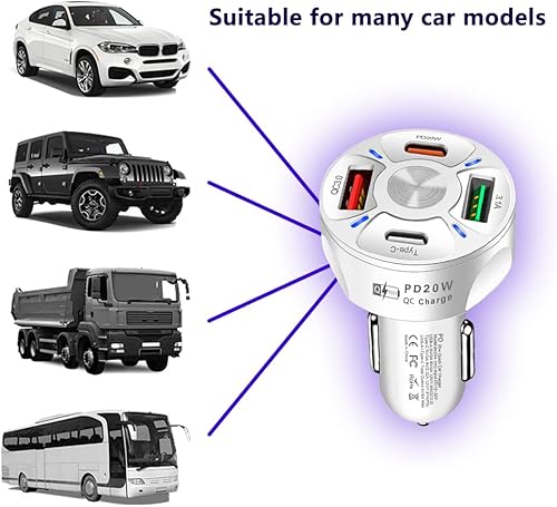 Vista 4 de 4 Port Car Charger USB C Adapter with LED Light,Quick Charge with Type C/PD 20W/QC 3.0 Fast Charging CCar Cigarette Lighter Adapter for iPhone 14 13