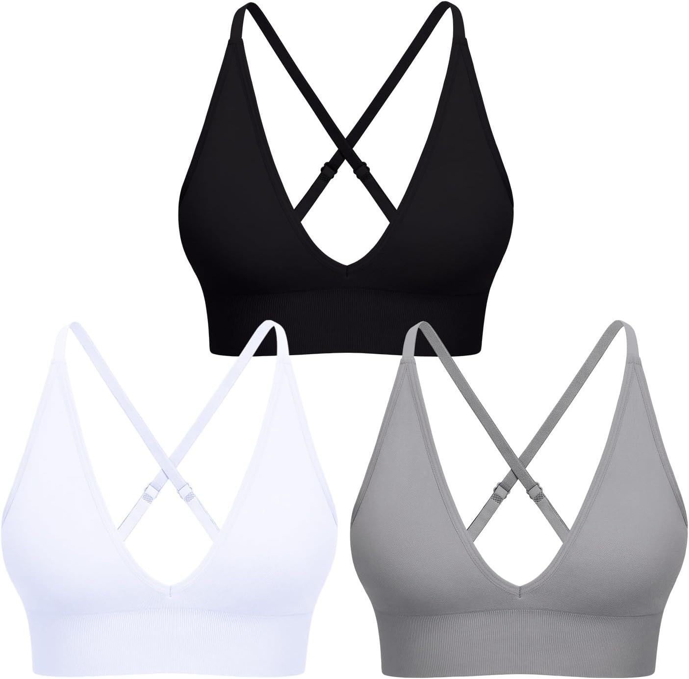 V Neck Adjustable Spaghetti Straps Sports Bra for Women, Padded Criss Cross Back Longline Yoga Bra Workout Crop Top Multipack