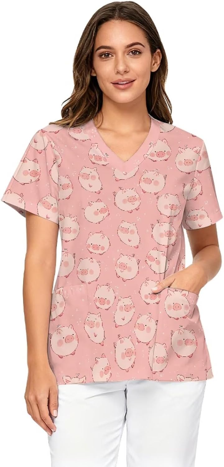 Scrubs for Women 2026 Spring Summer V-Neck Short Sleeve Scrub Tops Comfort Fit Scrub Shirts with 2 Pockets