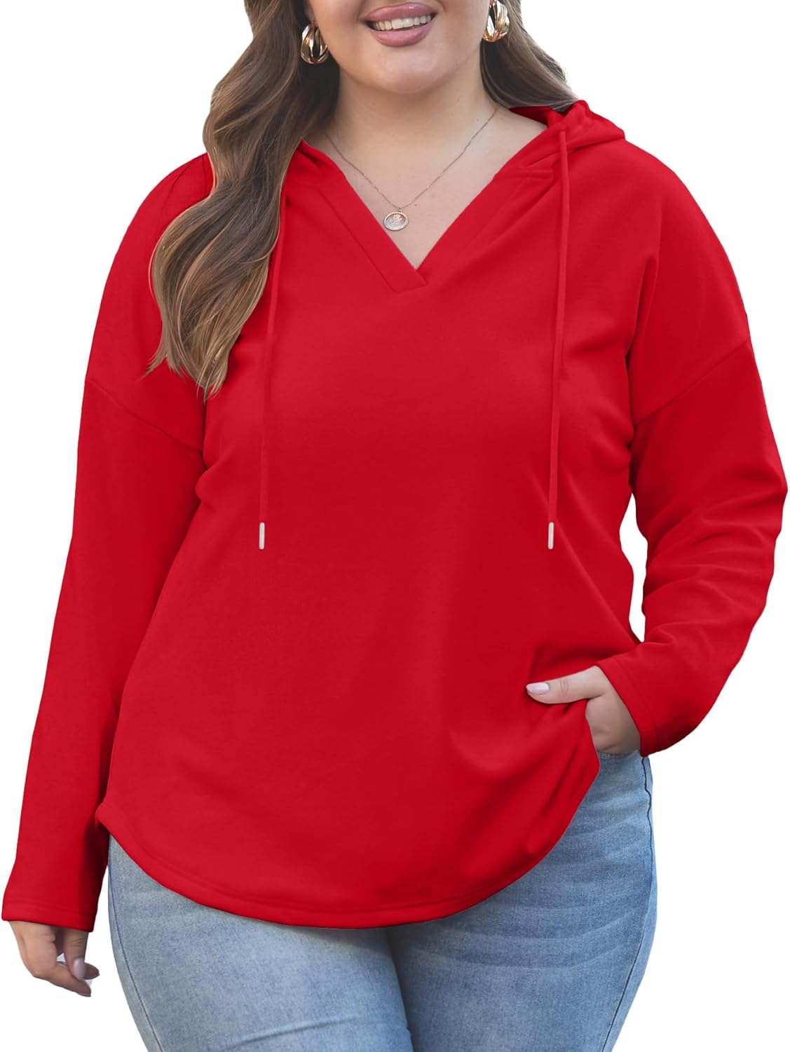 OLRIK Plus Size Hooded For Women V Neck Pullover Oversized Sweatshirts Long Sleeve Tops Loose Fit - Image 5