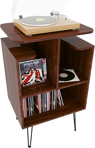 ikare Soporte para tocadiscos, mesa de gabinetes de vinilo en forma de T con patas de metal, soporte para tocadiscos con almacenamiento para hasta