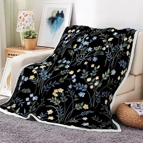 MERCHR Black Wildflowers Floral Throw Blanket, Botanical Floral Printed Blanket Flannel Throws to Decorate Room and Bedroom Floral Bedding, Rustic Throw Blanket,50" X 60". Cover