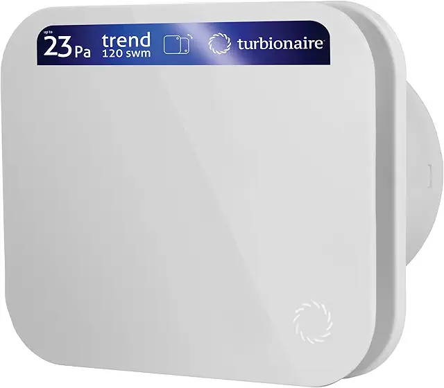 Imagen relacionada con Turbionaire TREND 120 SWM Extractor, Extracción, Ventilación para Baño, Cocina, Pared/Techo, Panel Frontal Blanco Opaco, Diámetro 120 mm, 23Pa, Amortiguador Antirretorno, Silencioso 39dB, IPX4
