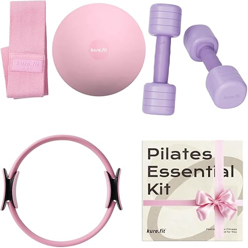 Juego de mancuernas ajustables moradas de 2 a 5 libras y kit de pilates rosa