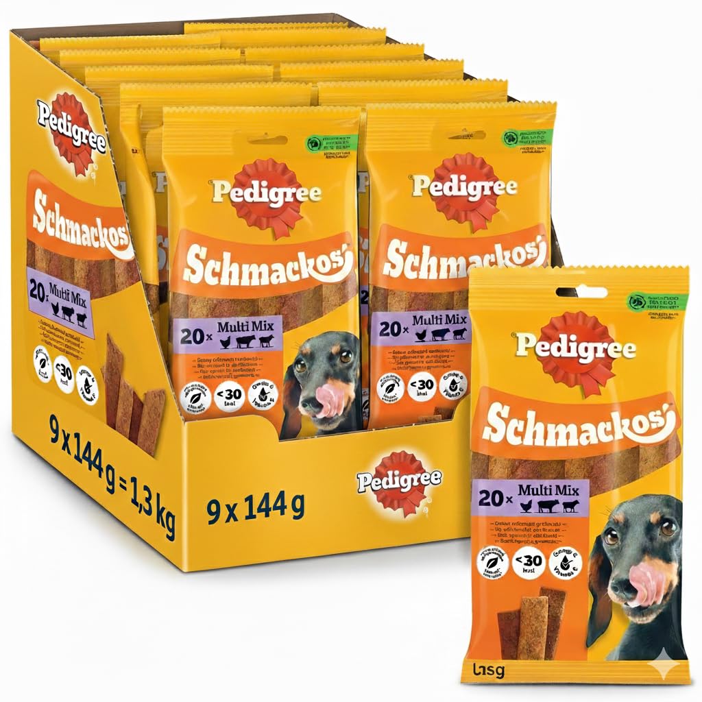 Pedigree Schmackos Multi Mix Snacks pour chiens, 20 unités par sac, 9 paquets de 144 g, total 1,3 kg
