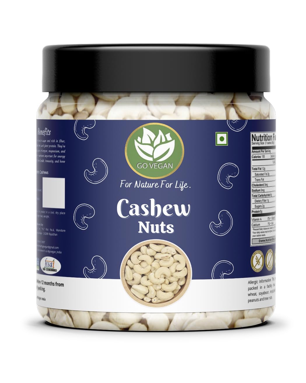 Go Vegan Raw Cashew W320 Grade 1Kg | kaju | Premium Whole Cashews | Whole Crunchy Cashews Jar Pack