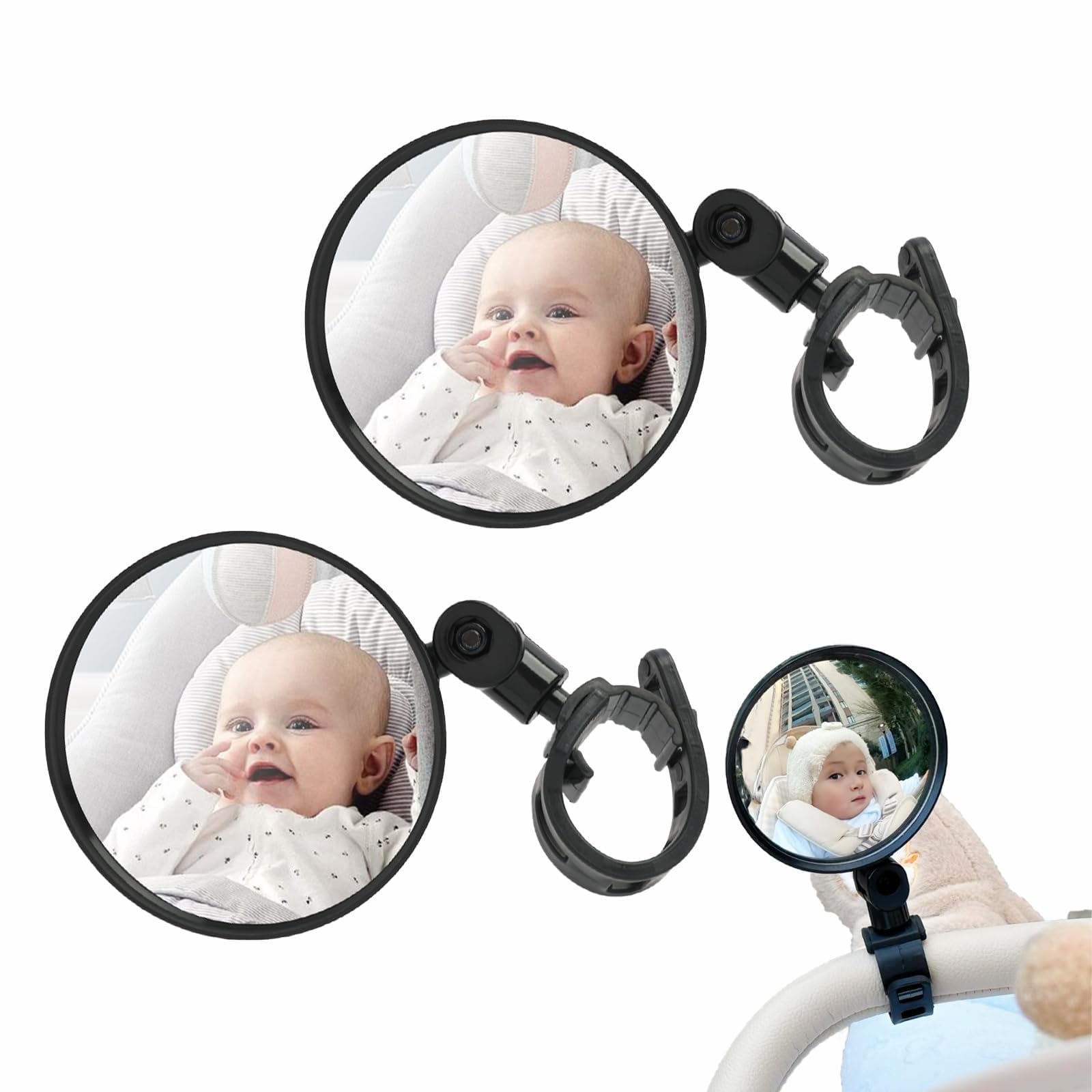 2 PCS Espejos para Cochecito, Espejo Coche Bebé, Espejo Retrovisor Coche Bebé, 360° Rotación Ajustable, Retrovisores Bicicleta Nylon HD para Manillar de 15 a 35 mm Barrera de Seguridad Cochecito