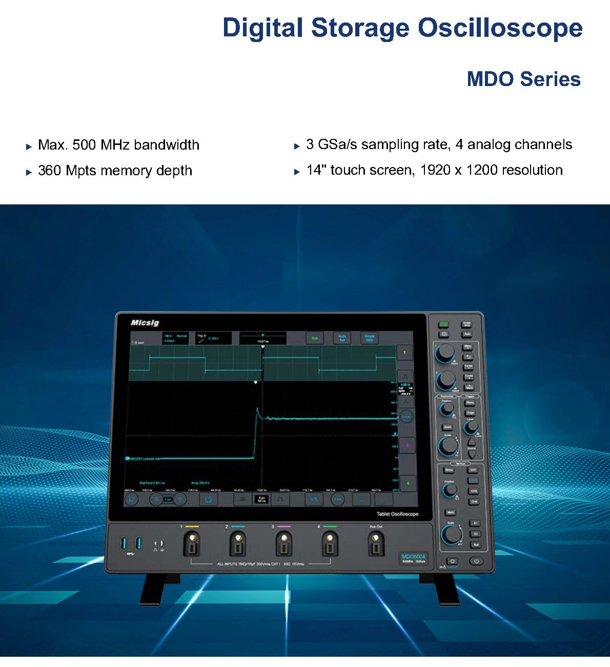 Micsig Oscilloscope numérique à stockage 250 MHz, fréquence d'échantillonnage 3 GSa/s, profondeur de mémoire 360 Mpts, 4 canaux, écran tactile plein de 14 pouces (MDO2504 250MHz)