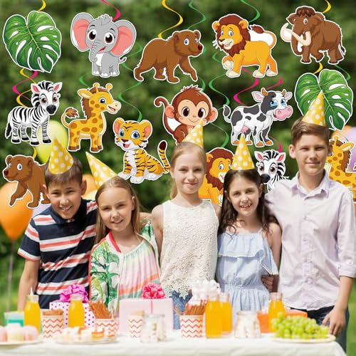 Image of 40Pcs Jungle Animal Hanging Swirl Decorations, Safari Animal Party Hanging Swirls Jungle Animals Tiger Lion Monkey Foil Swirls Ceiling Decor for Animals Theme Birthday Baby Shower Party Decor