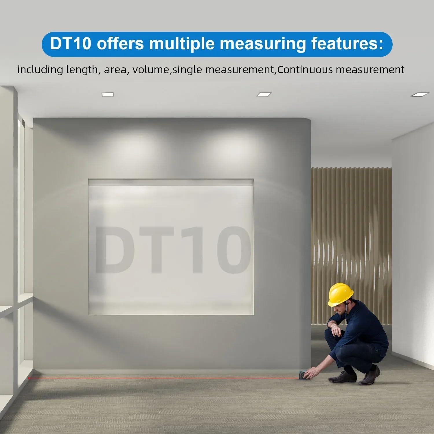 Man using FeelTech DT10 for laser measurement in a room, illustrating multiple measuring features