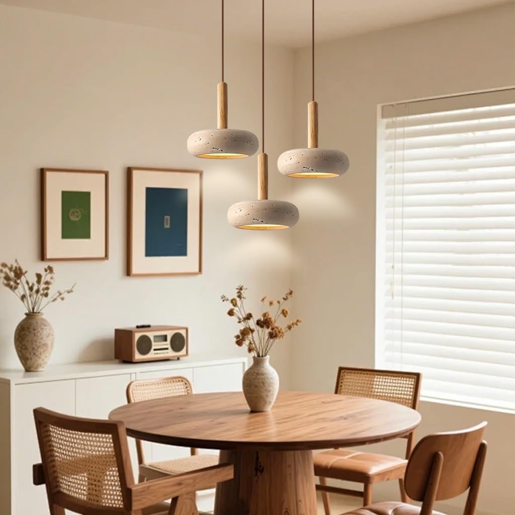 PANNN LED Wooden Pendant Lamp Japanese Wabi-Sabi Pendant Light 3-Light Chandelier Vintage Dining Table Light with Yellow Travertine Round Lampshade Suitable for Bedside Dining Room Kitchen Island(A3)