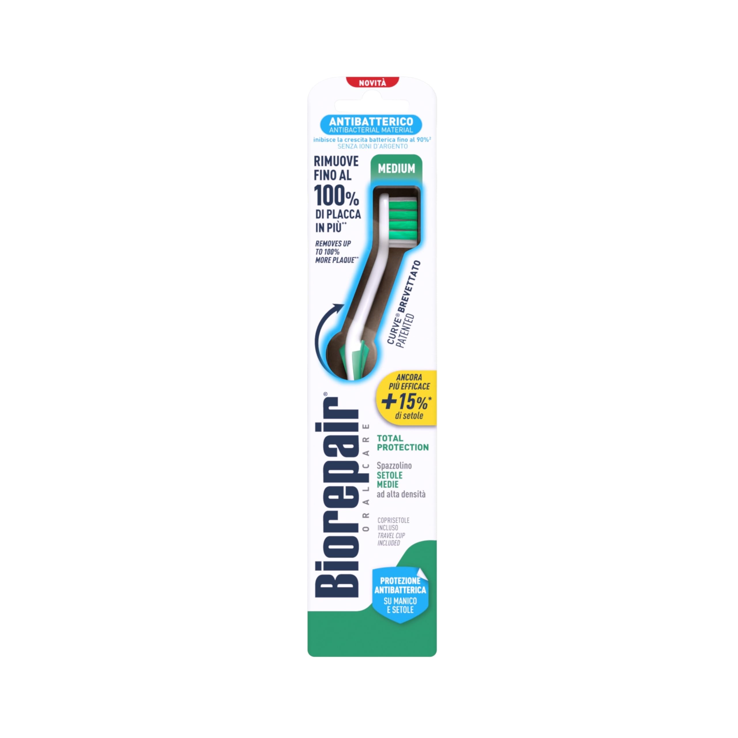 Biorepair, Spazzolino MEDIUM Total Protection, Setole Medie Ad Alta Densità, Protezione Antibatterica, Garantisce Comfort e Efficacia, Curve Brevettato