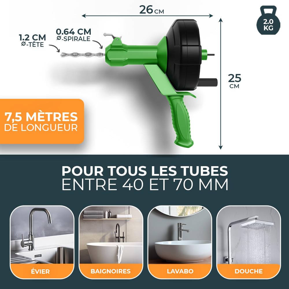 Meisterfaktur Furet Déboucheur Canalisation [7.5m] - Fonction Automatique - Furet Plomberie Idéale avec Poussée Automatique - Spirale de Nettoyage de Tuyaux pour Vrais Bricoleurs !