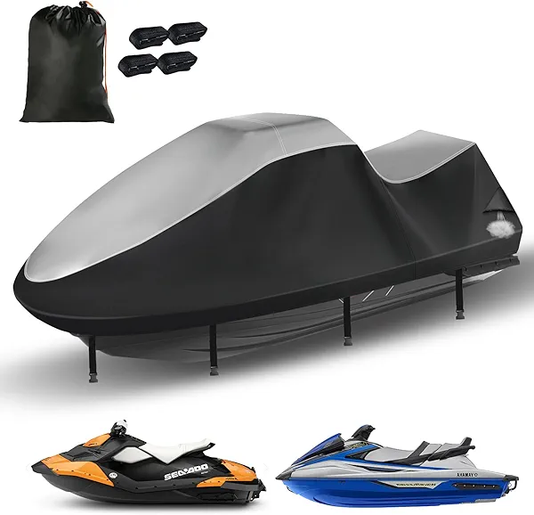 Jetski Cover 3 Seater,Durable 420D Jetski Cover 3 Seater Waterproof,Upgraded Waverunner Cover with 2 Air Vents，4 Windproof Buckles,All Weather Universal Cover for Seadoo (Silver-Black, XL:115"-120")