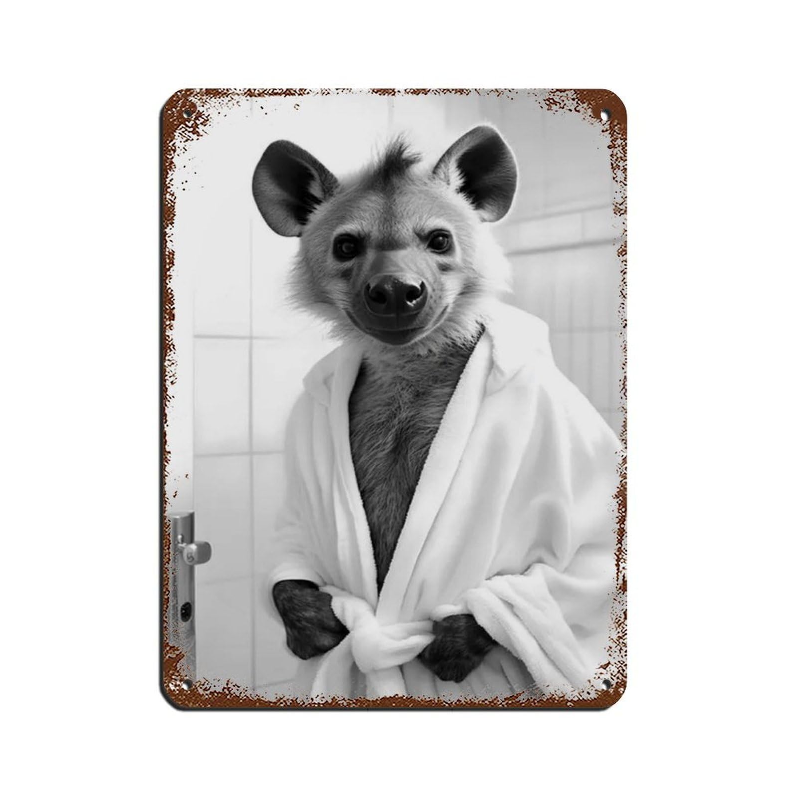 Hyena Wearing A Bathrobe, Funny Bathroom Art Tin Sign Vintage Metal Pub Club Cafe Bar Home Wall Art Decoration Poster Retro 12x16inch(30x40cm)