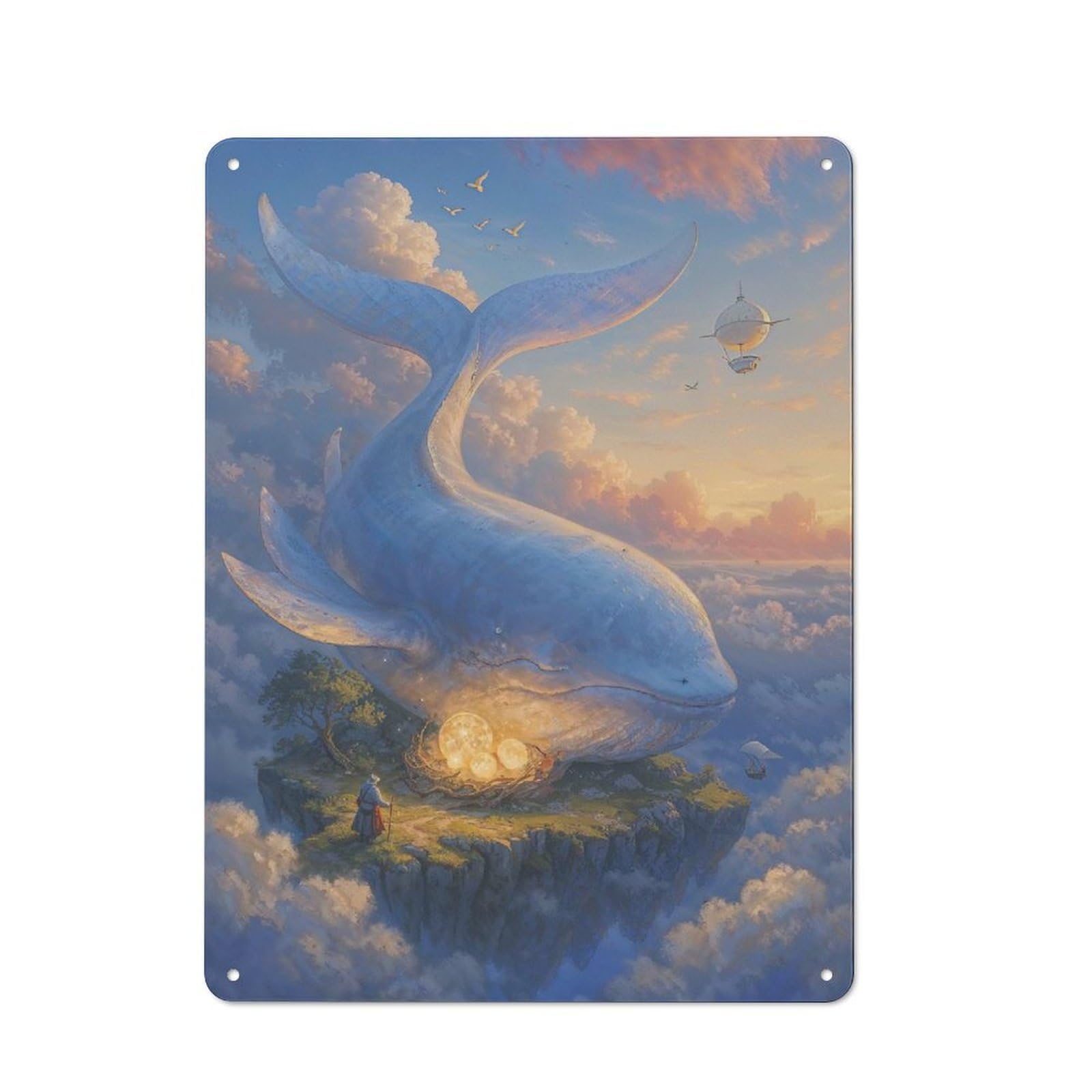 Whale in The Sky with Islands Guarding Glowing Nest Eggs Decorative Metal Sign 40x30cm, Understated Studio Wall Plaque for Hobby Room, Office, Lounge Or Living Room
