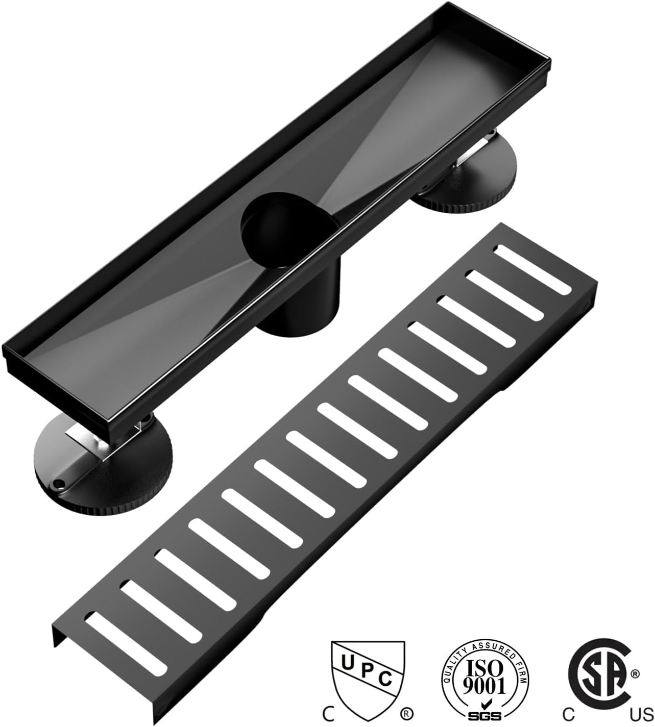 BARONAGE Black Linear Shower Drain 12 Inch with Removable Capsule Pattern Grate, Professional 304 Stainless Steel Rectangular Floor Drain with Hair Catcher-Leveling Feet, CUPC Certified