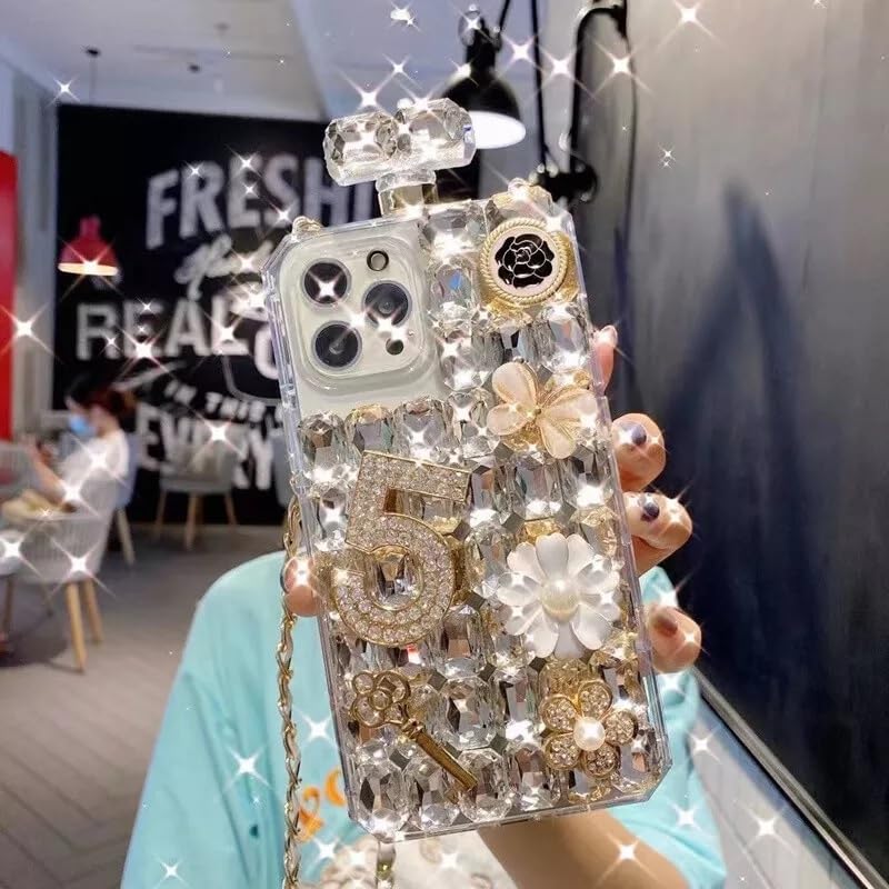 Image of COVERLY for iPhone 15 Cute 3D Diamond Perfume Bottle Phone Case,Full Protective Adorable Jewellery Rhinestone Luxury Crystal Glitter Bling with Crossbody Rope Sling Aesthetic Cover for Apple iPhone 15