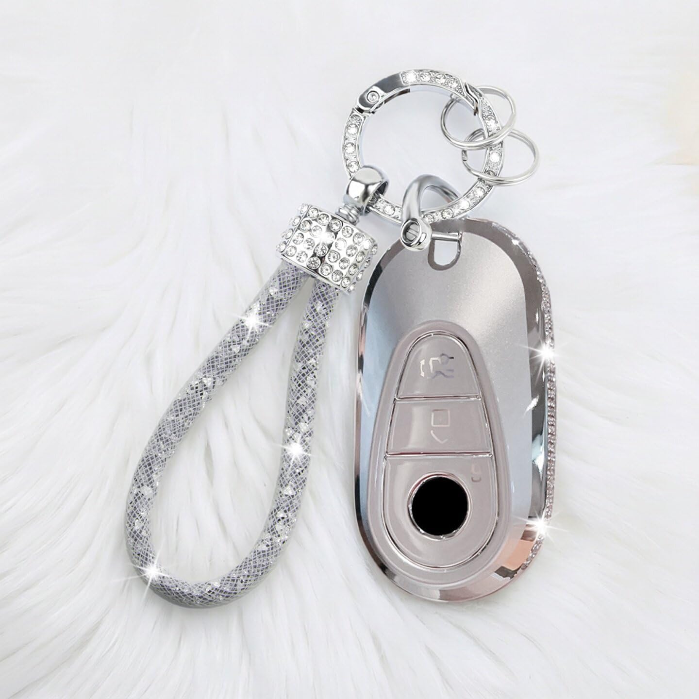 Generic Key Fob Cover for Mercedes Benz 2023 2024 2025 2026 E/C/S-Class EQE/EQS/GLC/Maybach 300/350/400/450/500/560/600/680/63/53 Key fob Cover with Metal Keychain Case Key Shell Protector (White)