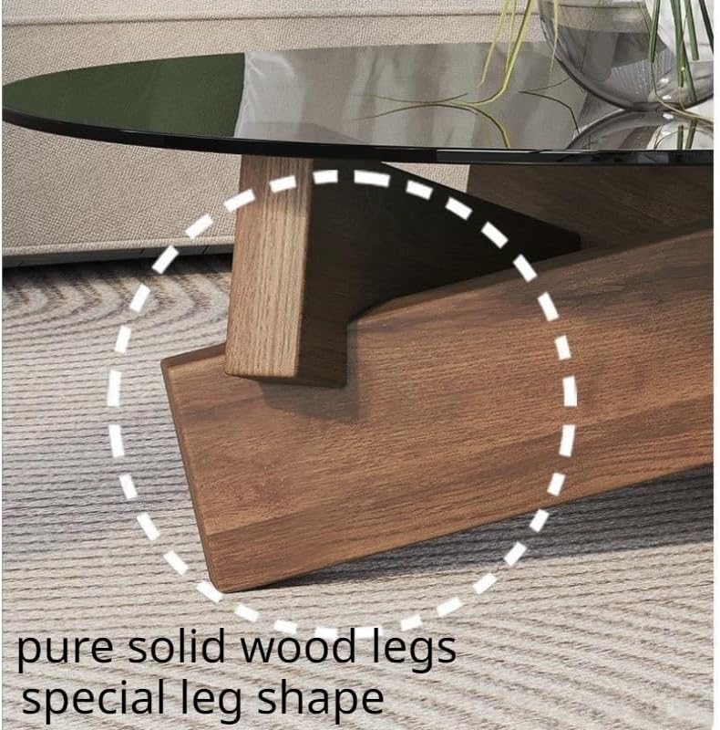 Miniatura 6 de Mesa auxiliar redonda de vidrio con patas de madera maciza para sala de estar (patas de nogal+vidrio gris)