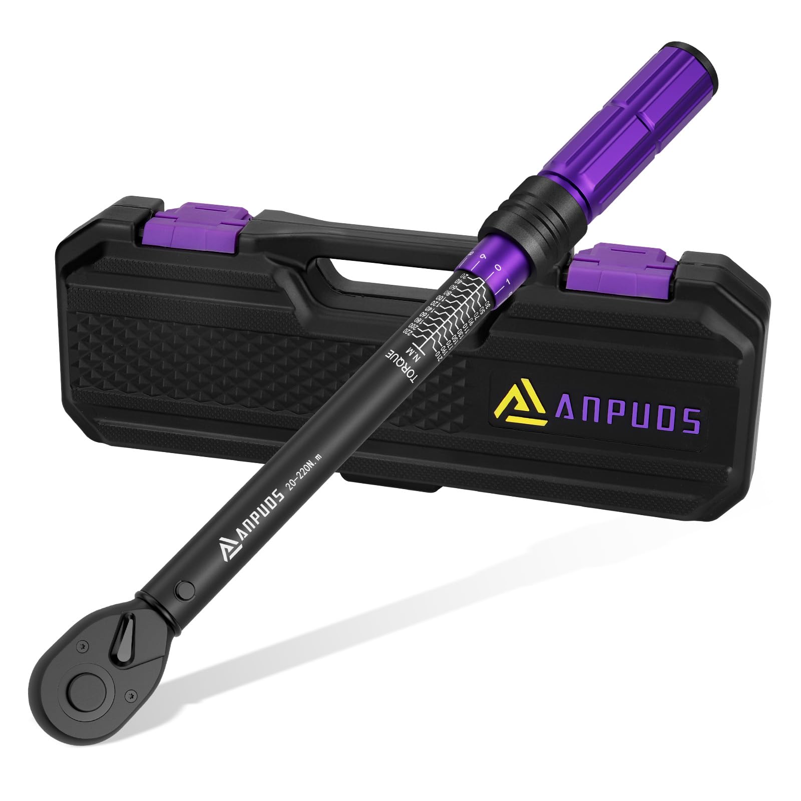 ANPUDS Llave Dinamométrica 1/2", 20-220 Nm Llave Dinamometrica Coche con Cabeza de Carraca Reversible de 72 Dientes, Precisión ±3% Llave Dinamométrica para Reparaciones de Moto, Coche, Camión