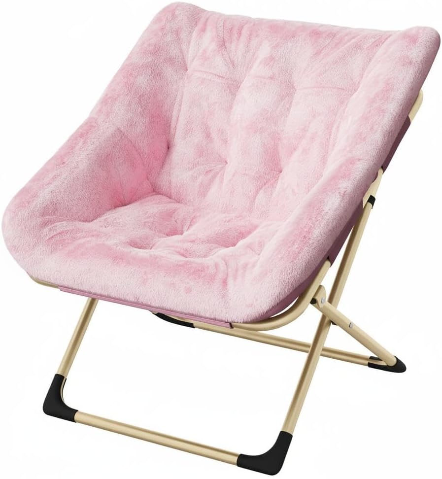 Collapsible Saucer Chair for Adults – Comfy Faux Rabbit Fur, Sturdy Gold Metal Frame – No Assembly, Ideal for Bedroom, Living Room, Dorm & Apartment – Pink (Rabbit Fur No. 23)