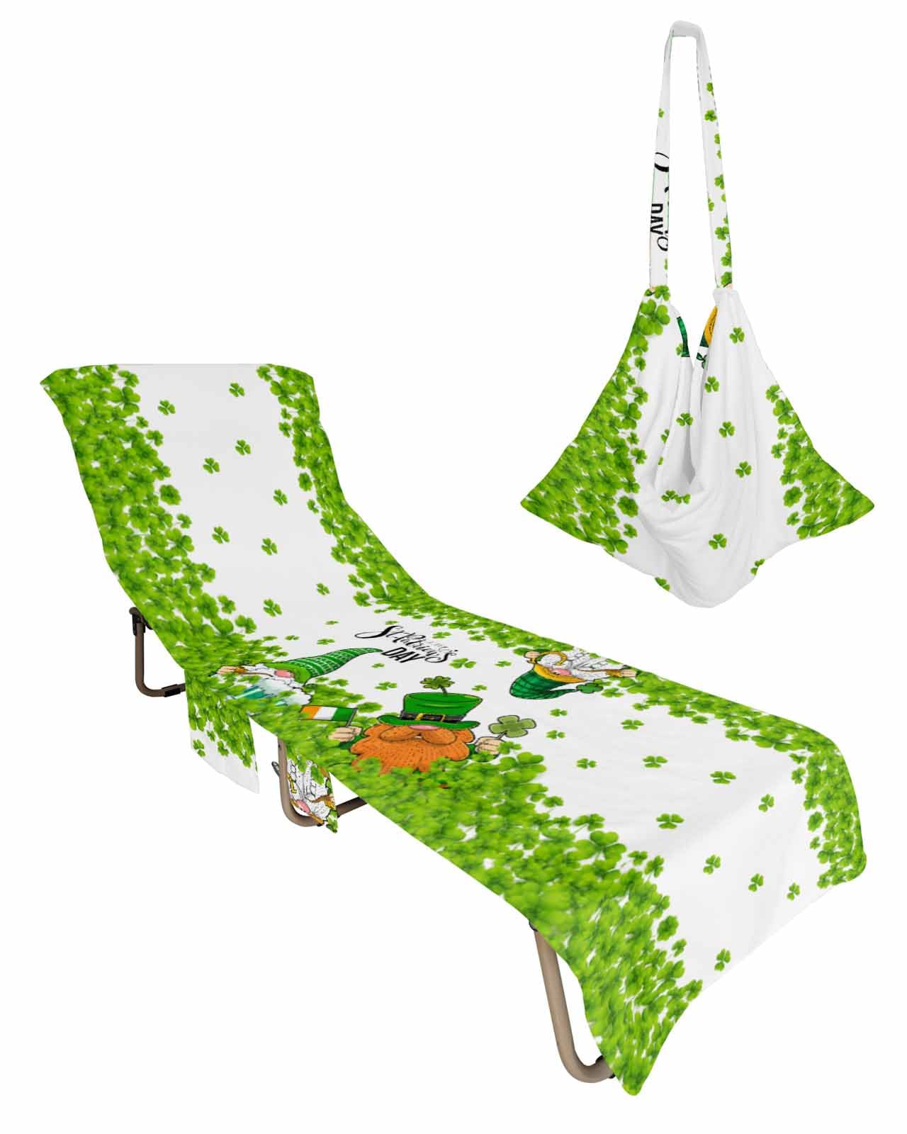 St. Patrick's Day Beach Chair Towel Covers for Chaise Lounge with Side Pocket, Soft Plush Pool Towels Cover for Patio Sunbathing Outdoor 29''x85'' Green Gnomes Watercolor White