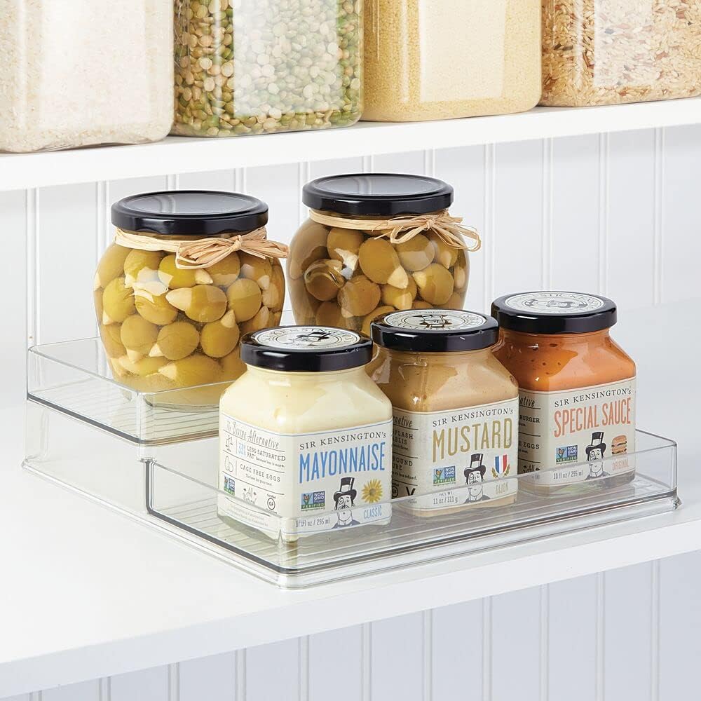 mDesign Plastic Kitchen Food Storage Organizer Shelves, Spice Rack Holder for Cabinet, Cupboard, Countertop, Pantry - Holds Jars, Baking Supplies, Canned Food, Pasta - 2 Levels, 10" W, 2 Pack - Clear