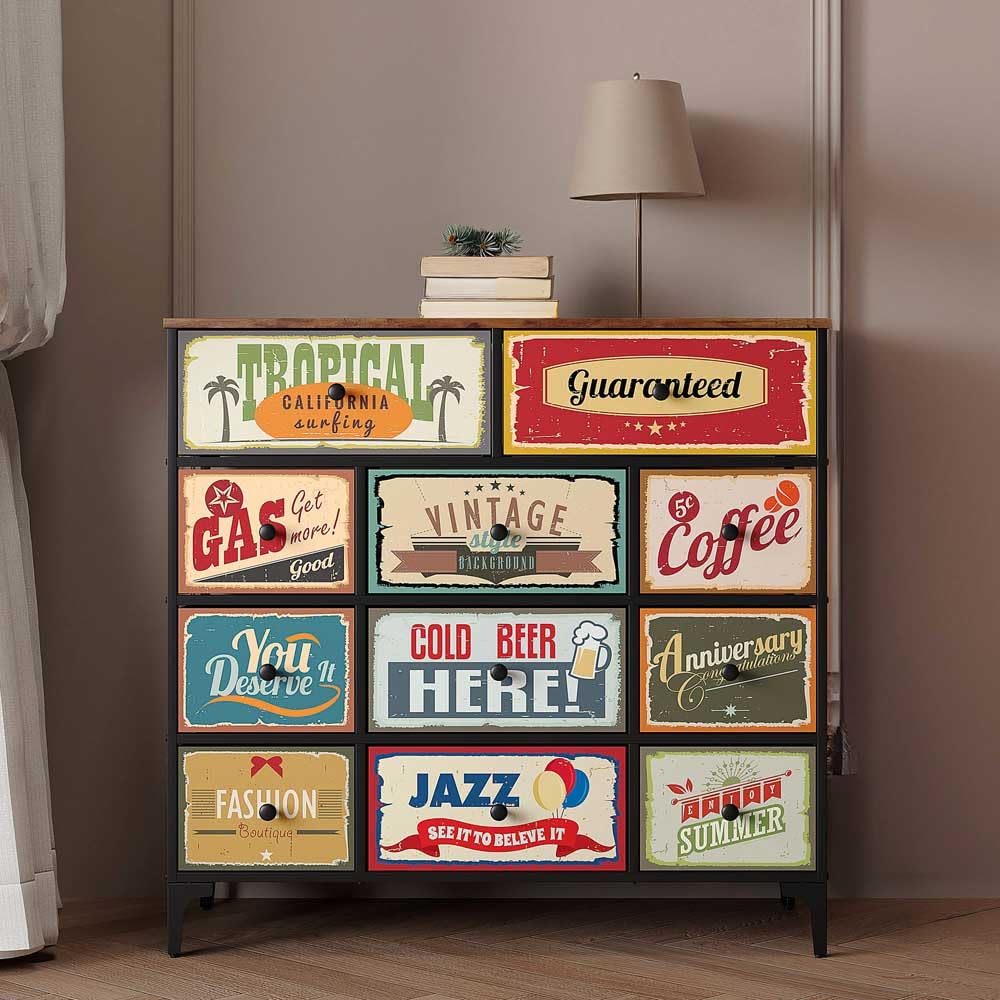 AKTIVE Max Home Mehrzweck-Schlafzimmerkommode, Retro- und Vintage-Grafiken, 11 leichte Stoffschubladen, 103 x 30 x 98 cm, Stahlrahmen, Holzplatte, Nachttische, Wohnzimmermöbel (18404)