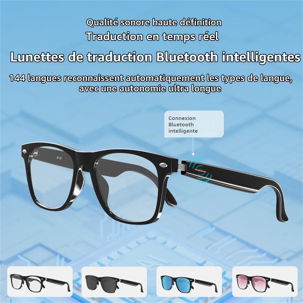 AI Traduction Bluetooth intelligentes Lunettes pour Hommes/Femmes - réduction Bruit, Filtre lumière Bleue & Verres solaires interchangeables (Noir/Bleu/Rose) pour Bureau/extérieur - Black