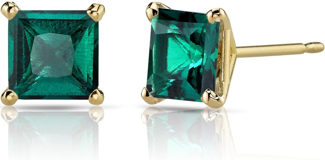 Peora Solid 14K Yellow Gold Created Emerald Stud Earrings for Women, Classic Solitaire, Hypoallergenic Princess Cut, 6mm, 2 Carats total, Friction Back, Dainty Green Earrings, Emerald Jewelry