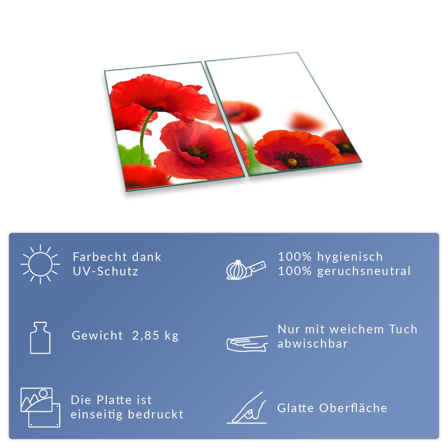Herdabdeckplatte Abdeckung Ceranfeld Abdeckplatte Schneidebrett 2-Teilig 60x52 Mohnblume Rot Spritzschutz Glasplatte Ceranfeldabdeckung Schutz Herdschutz Sicherheitsglas Glasschneidebrett 2x30x52