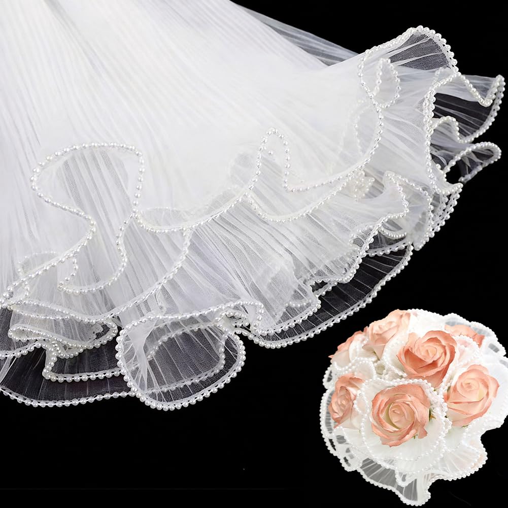 GORGECRAFT 3.6M Flower Wrapping Mesh Paper Pearl Edge Wrinkled Ruffle Bouquets Wavy Net Yarn Floral Packaging Paper for Valentines Mothers Wedding Florist Gift Packaging Decorations White